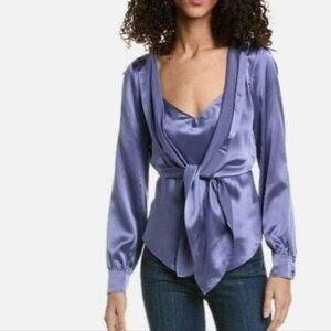 Cinq A Sept Women Ally Blouse Silk Top. Purple/ Bluish Tie Front Collared Blouse